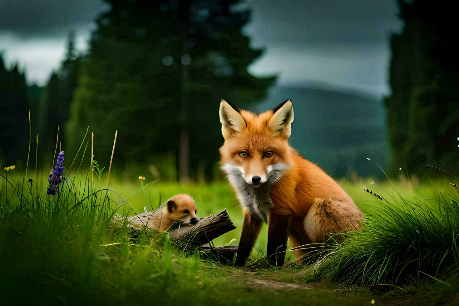 a fox and her cub in the grass. AI-Generated photo
