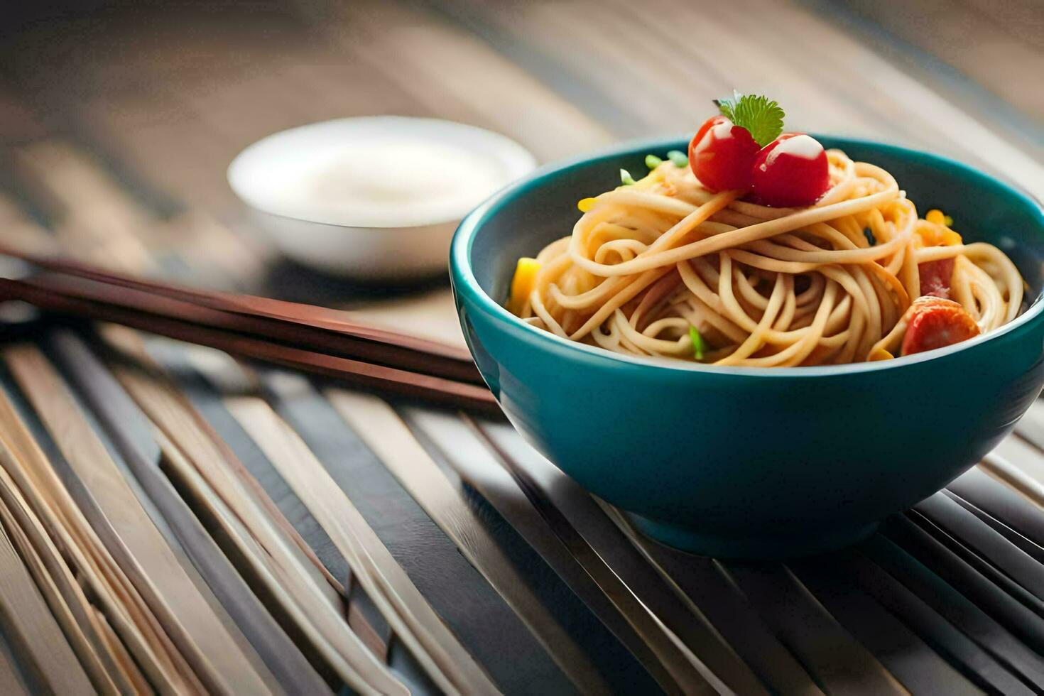 a bowl of noodles with chopsticks and a bowl of sauce. AI-Generated photo