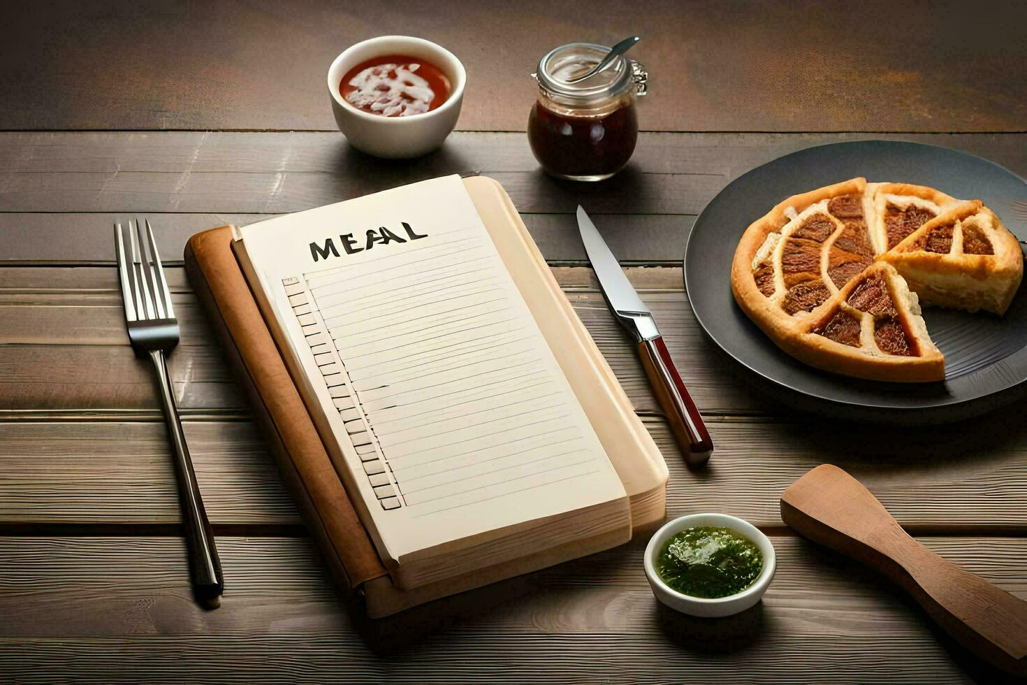 meal planner on a wooden table. AI-Generated photo