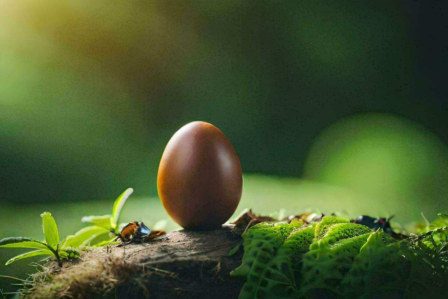 an egg sitting on top of a moss covered stump. AI-Generated photo