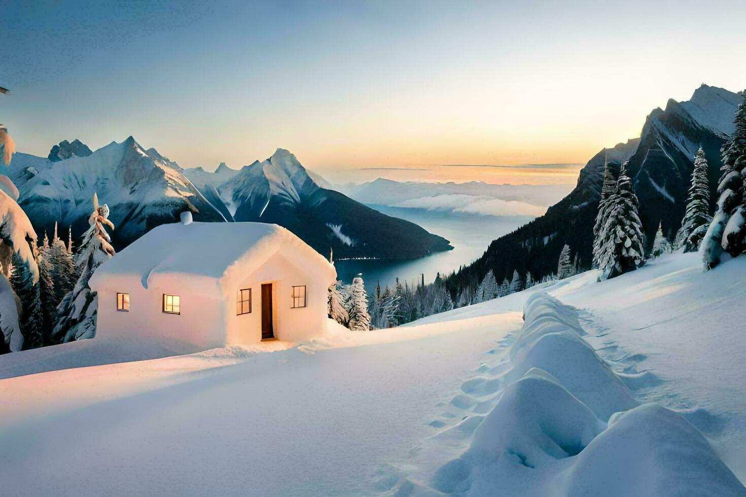 a small house sits on top of a snowy mountain. AI-Generated photo