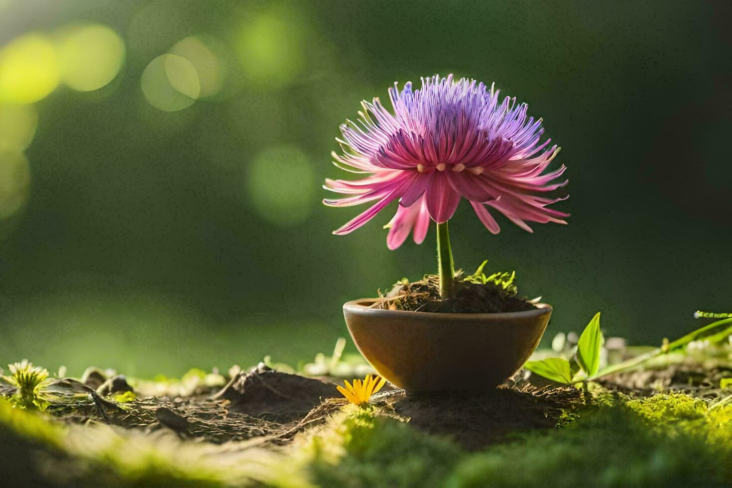 a flower in a pot on the ground. AI-Generated photo