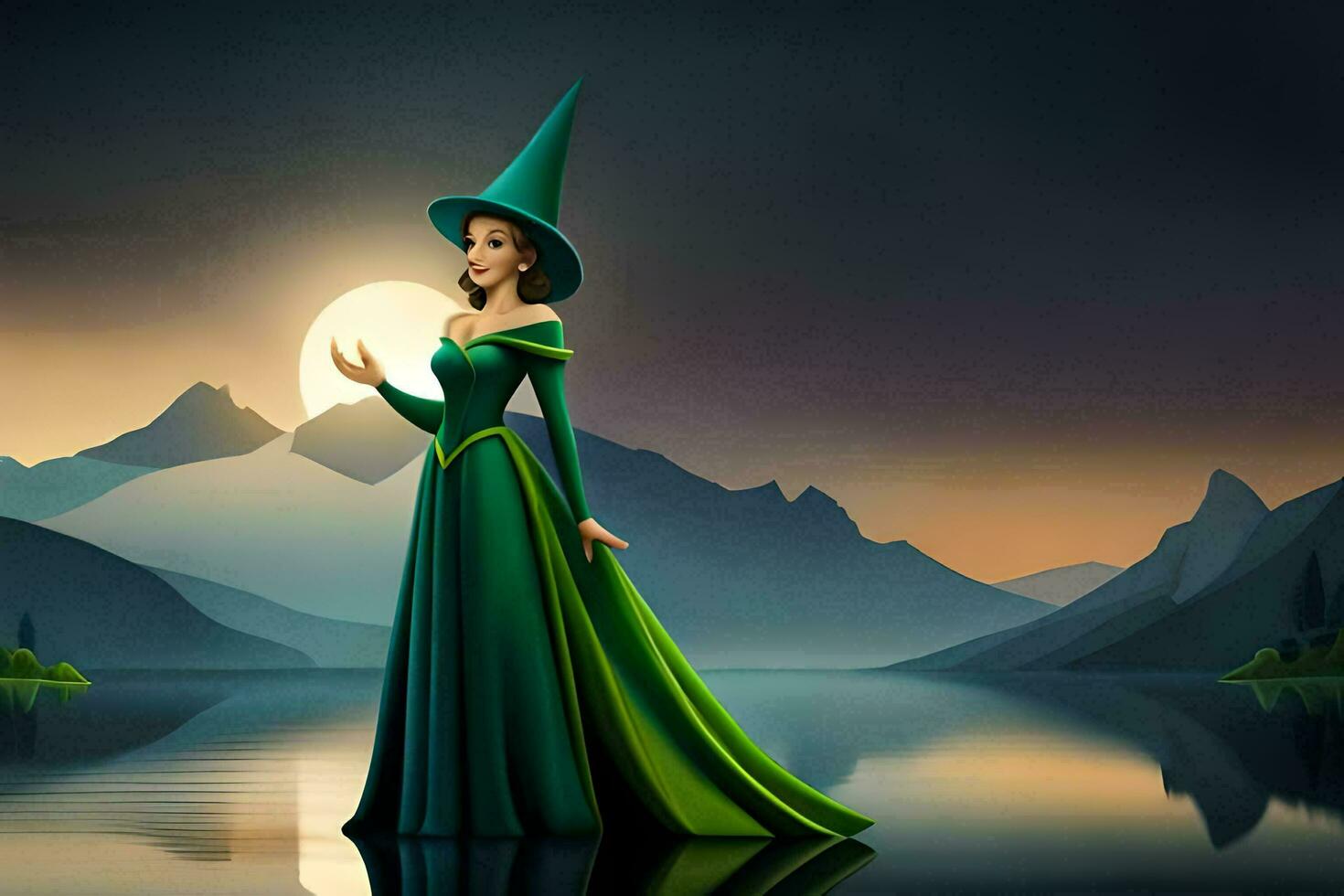 a beautiful witch standing on a lake with mountains in the background. AI-Generated photo