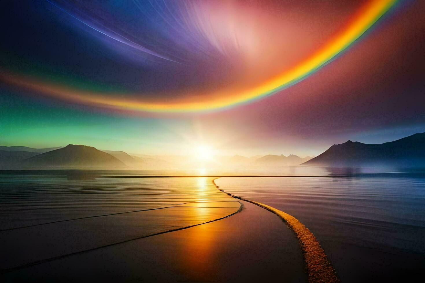 a rainbow is seen over the ocean and mountains. AI-Generated photo
