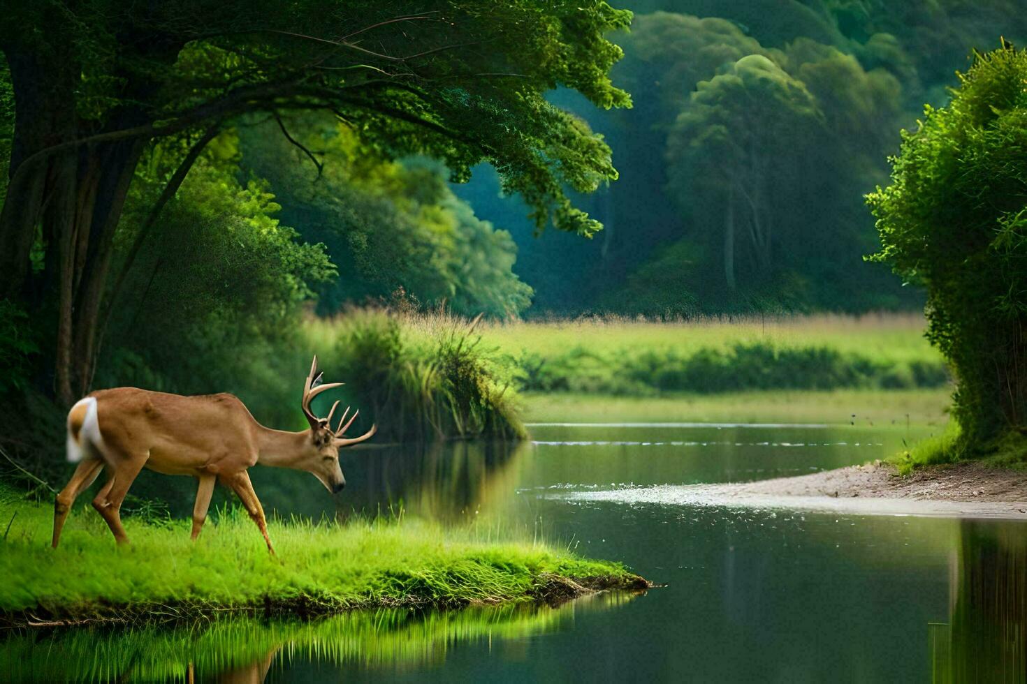 a deer is standing in the grass next to a river. AI-Generated photo