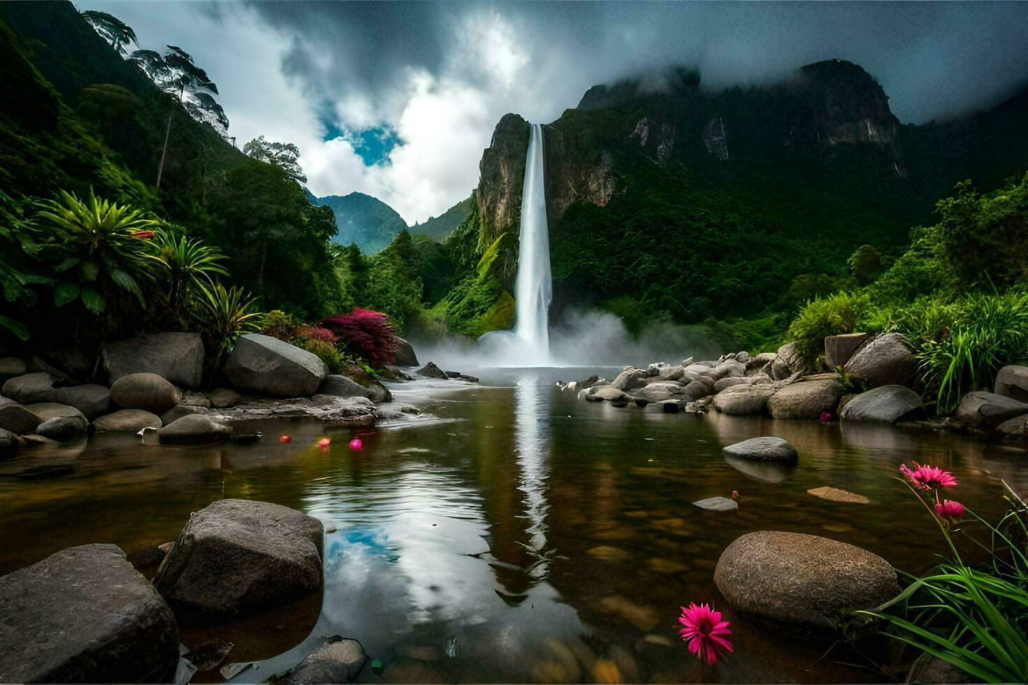 the waterfall is surrounded by rocks and flowers. AI-Generated photo