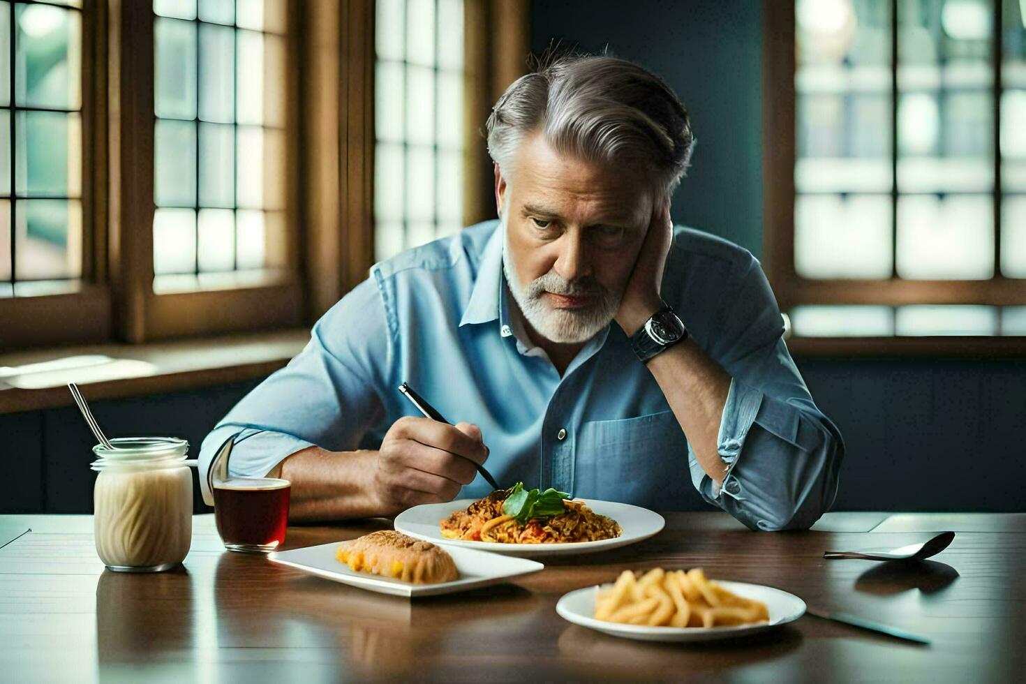 a man is eating a meal at a table. AI-Generated photo