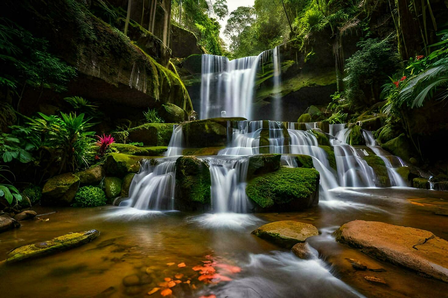 the waterfall is surrounded by lush green vegetation and red fish. AI-Generated photo