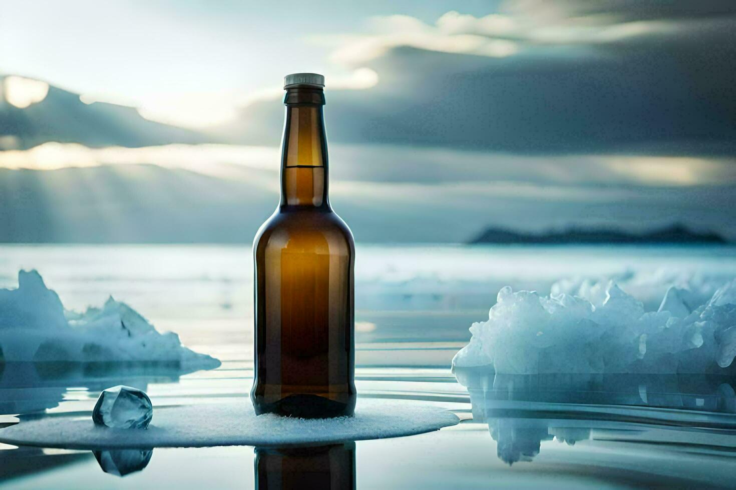 un cerveza botella se sienta en el hielo en frente de un lago. generado por ai foto