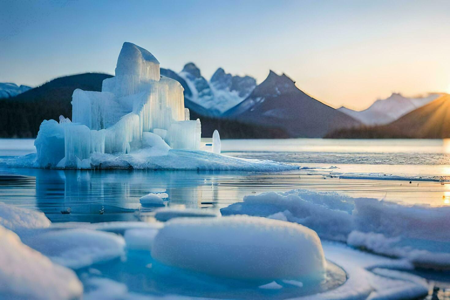 ice floats on the water at sunset. AI-Generated photo