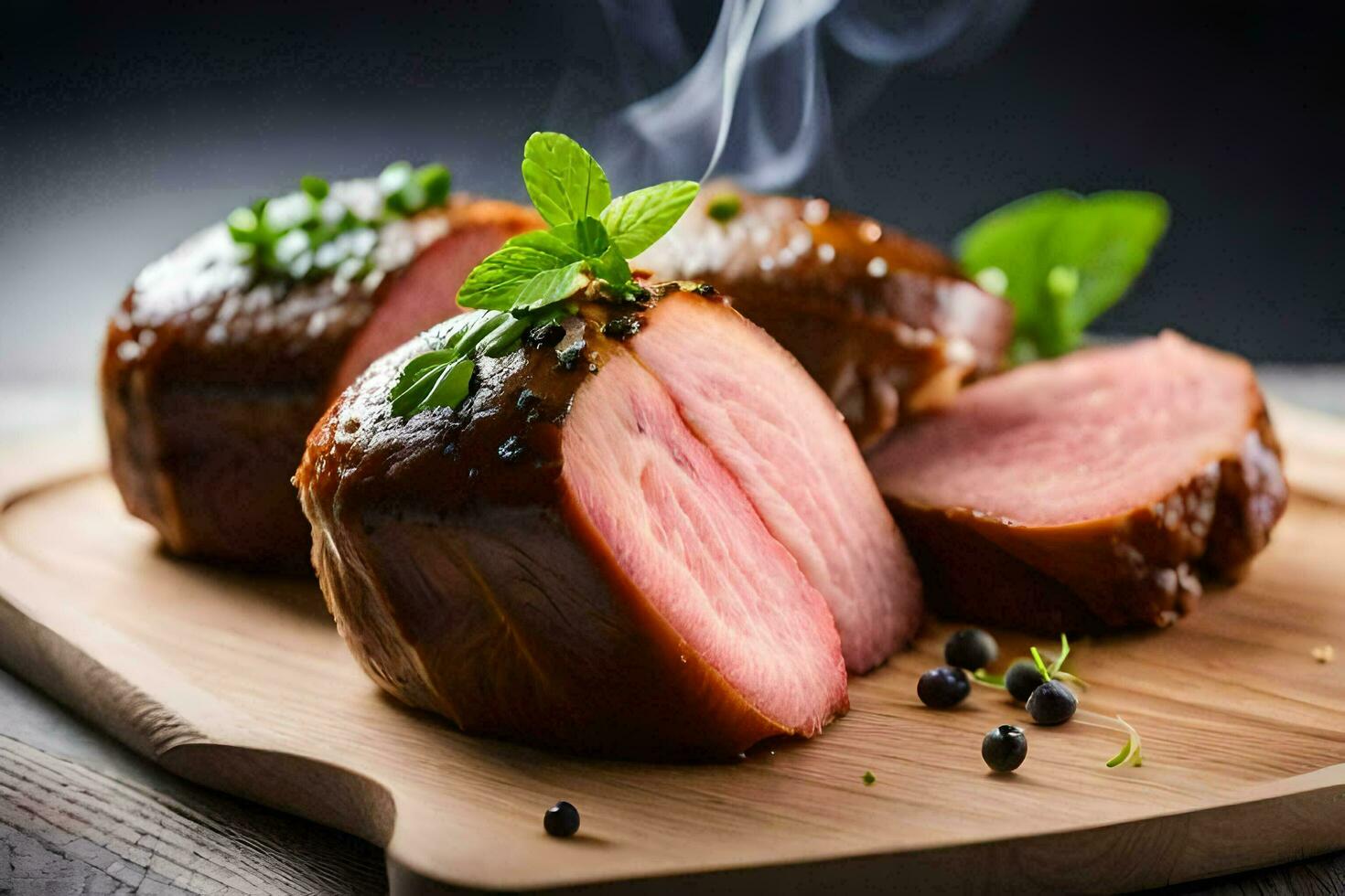 sliced meat on a wooden cutting board with smoke. AI-Generated photo