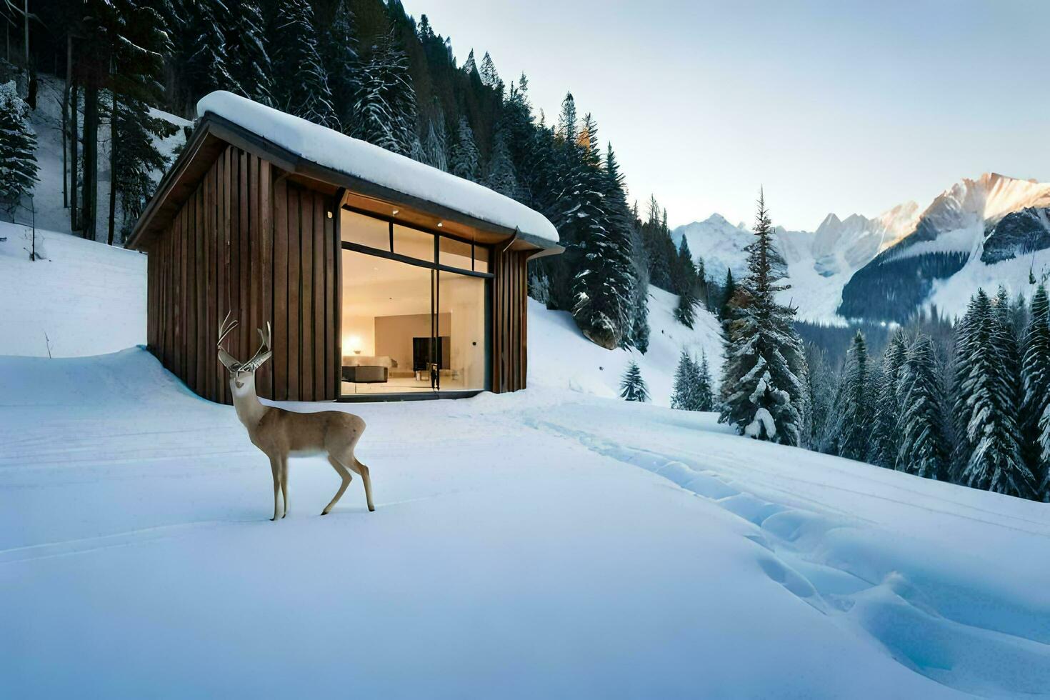 a deer stands in front of a cabin in the snow. AI-Generated photo