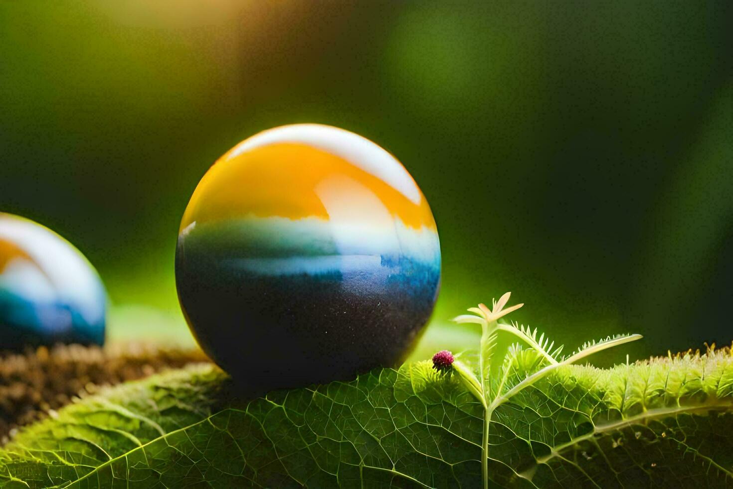 three colorful eggs sit on a leaf. AI-Generated photo