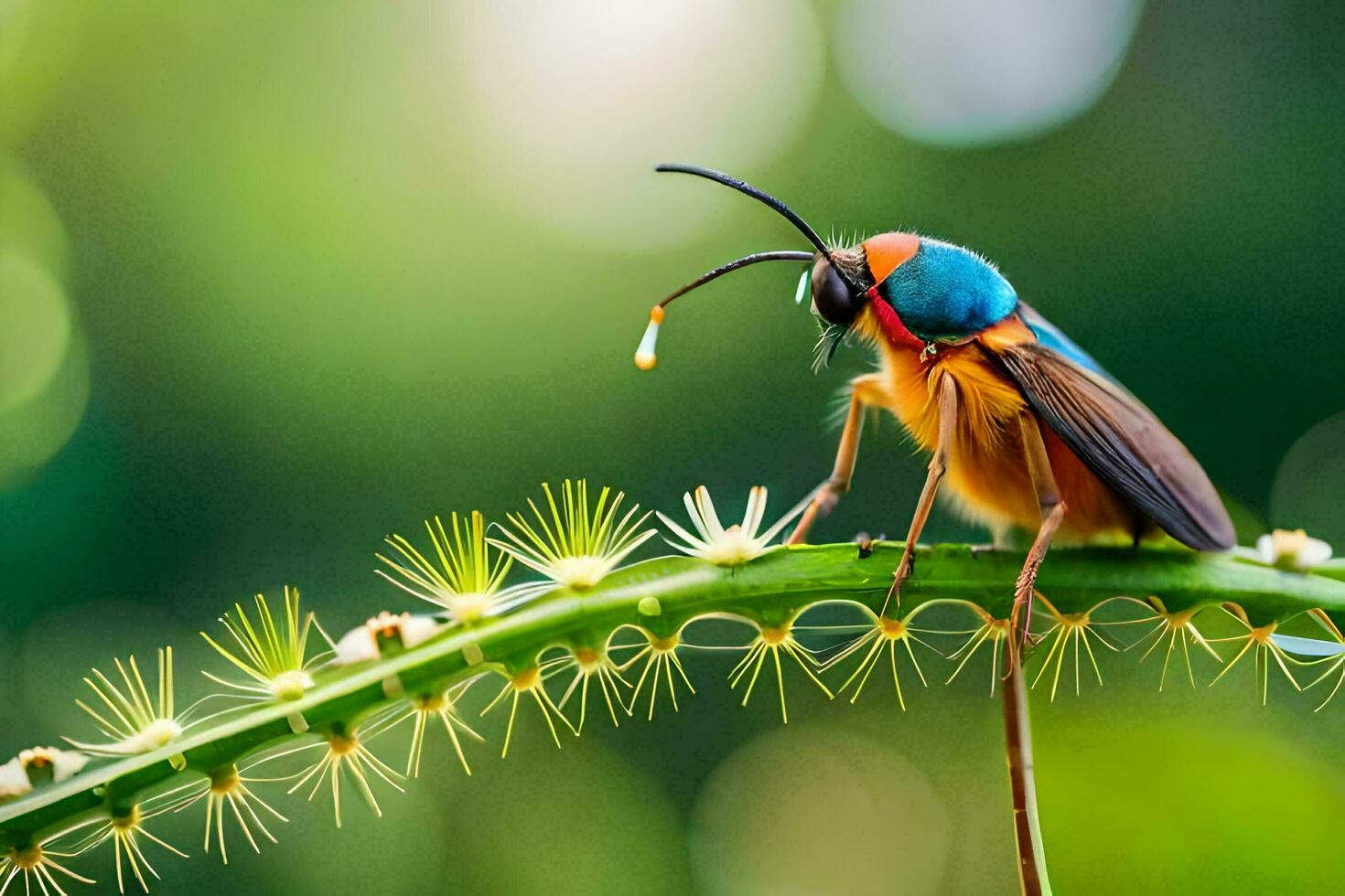 a bug with a red and blue body sitting on a plant. AI-Generated photo