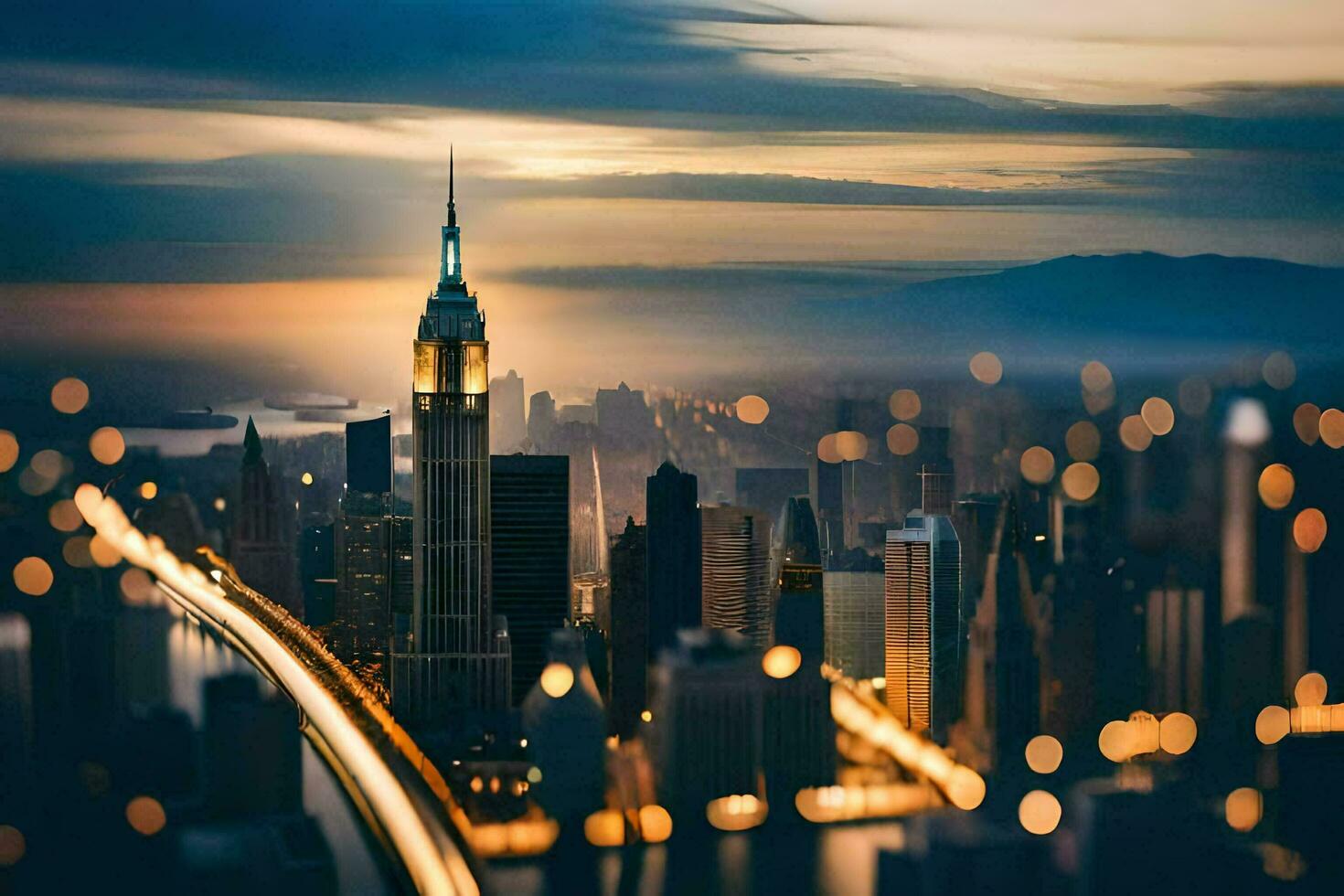 the city skyline at dusk with lights on. AI-Generated photo