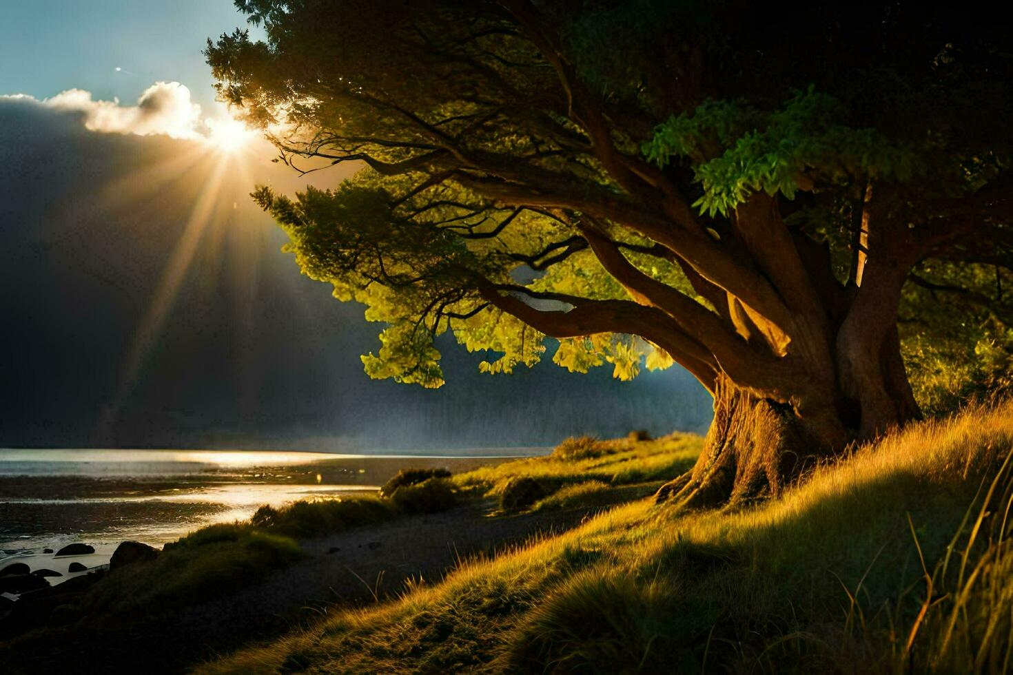 the sun shines through the trees on a grassy hillside. AI-Generated photo