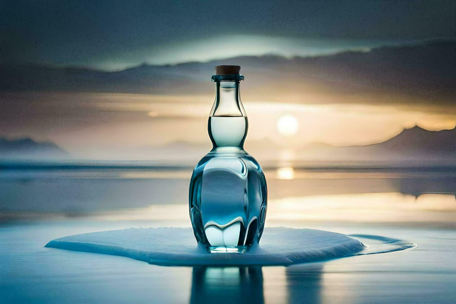 un botella de agua se sienta en el playa a puesta de sol. generado por ai foto