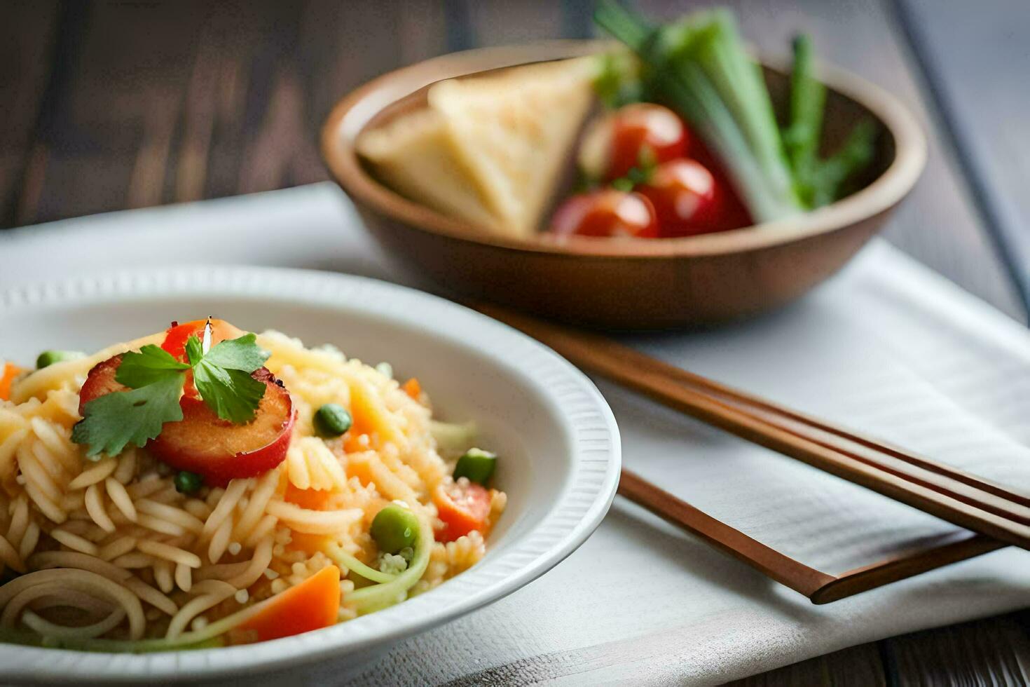 a bowl of noodles with vegetables and chopsticks. AI-Generated photo