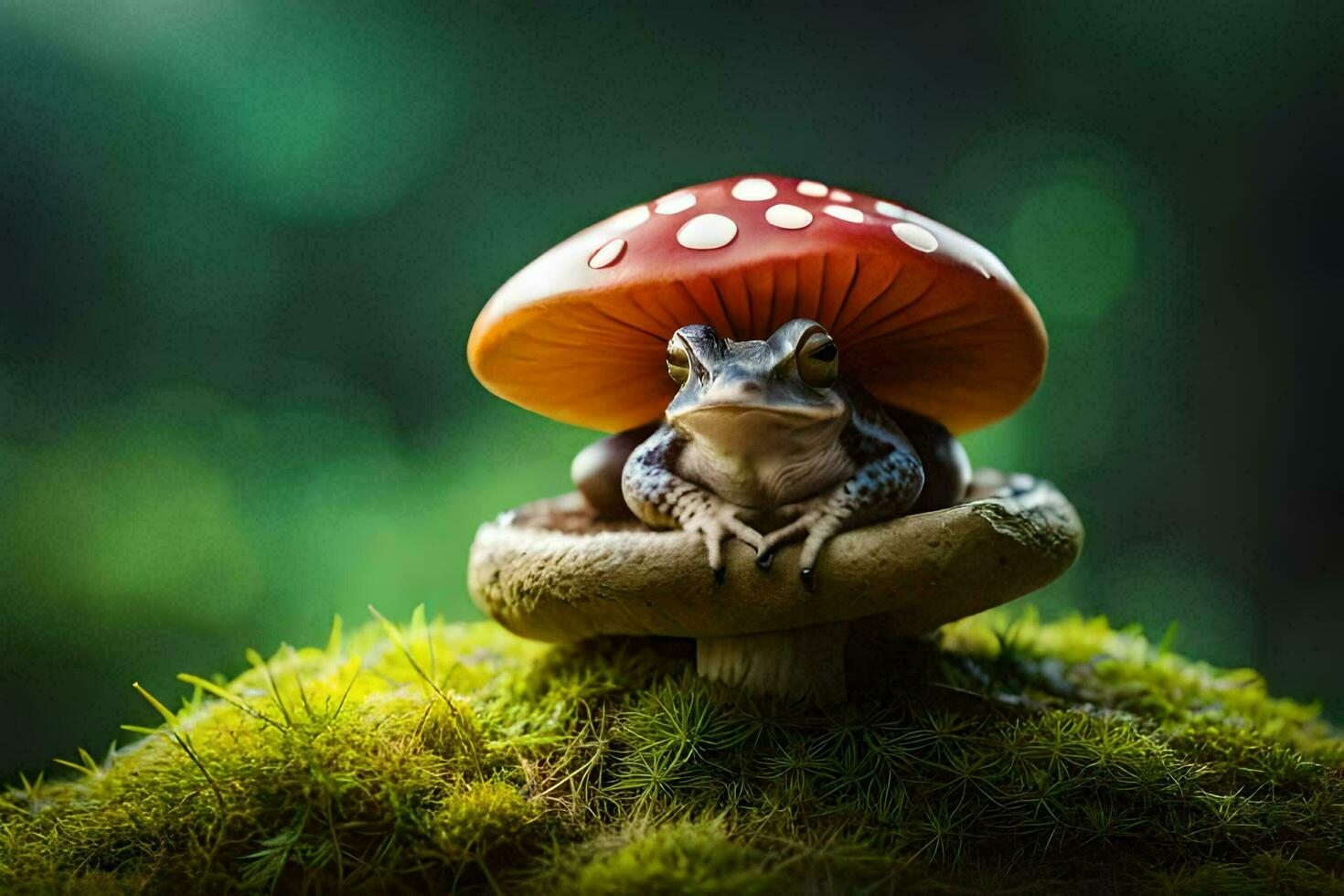 a frog sitting on top of a mushroom. AI-Generated photo