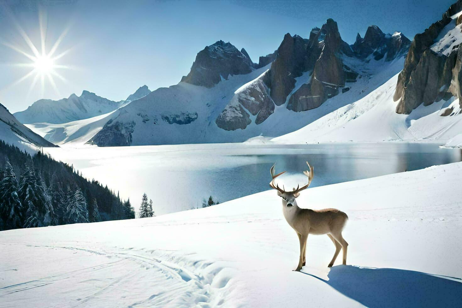 a deer stands in the snow near a lake. AI-Generated photo