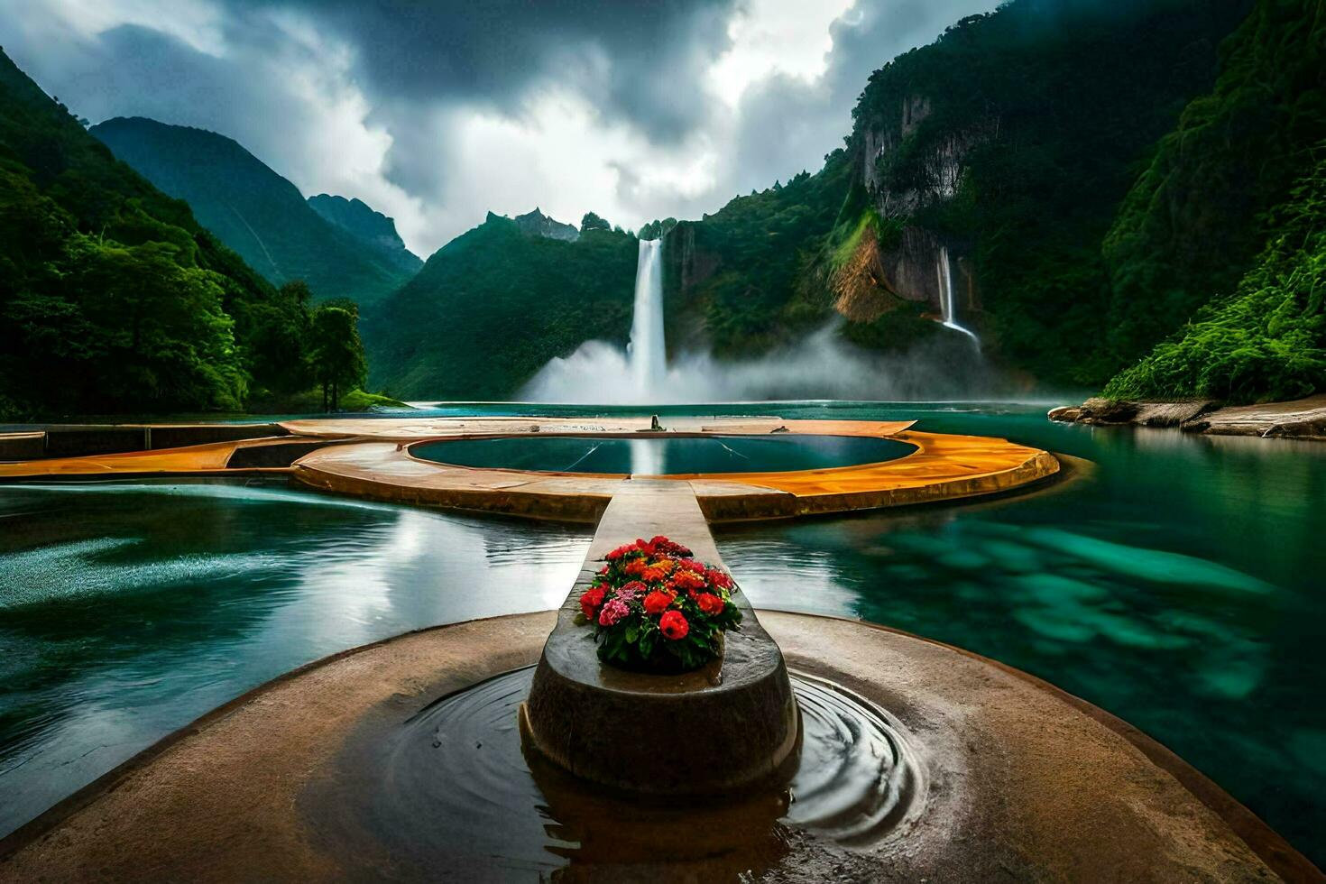 a waterfall and a large pool surrounded by mountains. AI-Generated photo