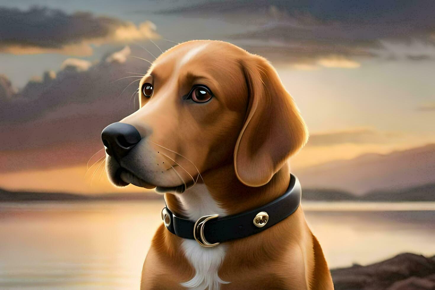 a dog is sitting on the rocks at sunset. AI-Generated photo