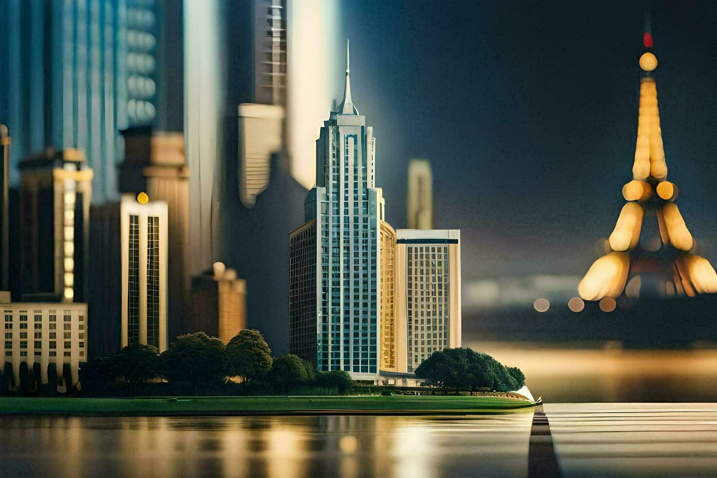 a miniature city with a tall building in the background. AI-Generated photo