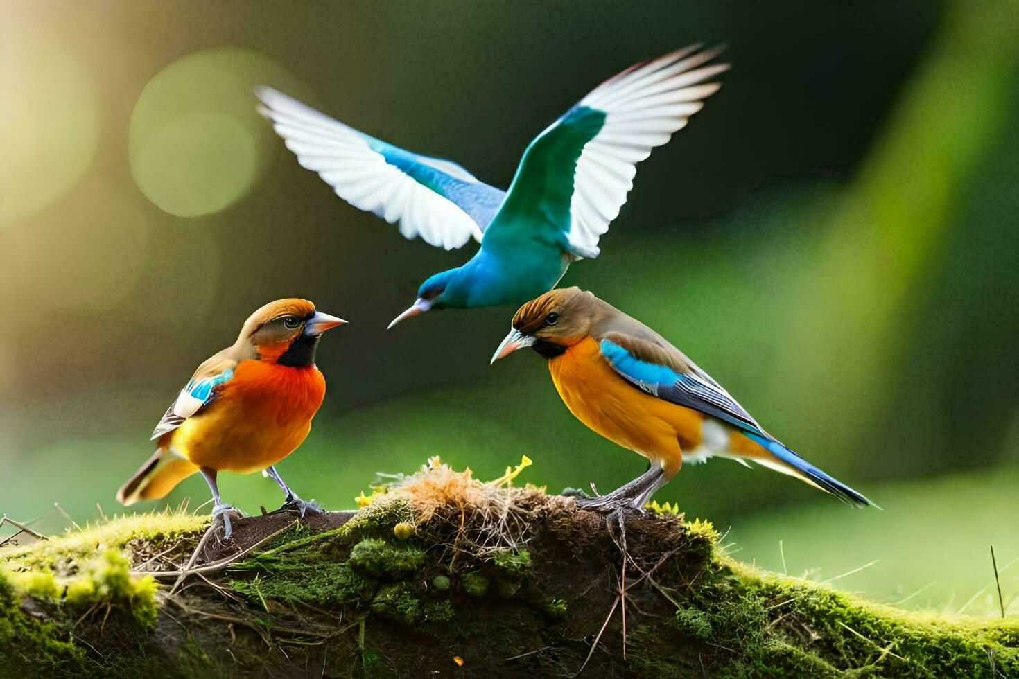 three colorful birds standing on top of a mossy stump. AI-Generated photo