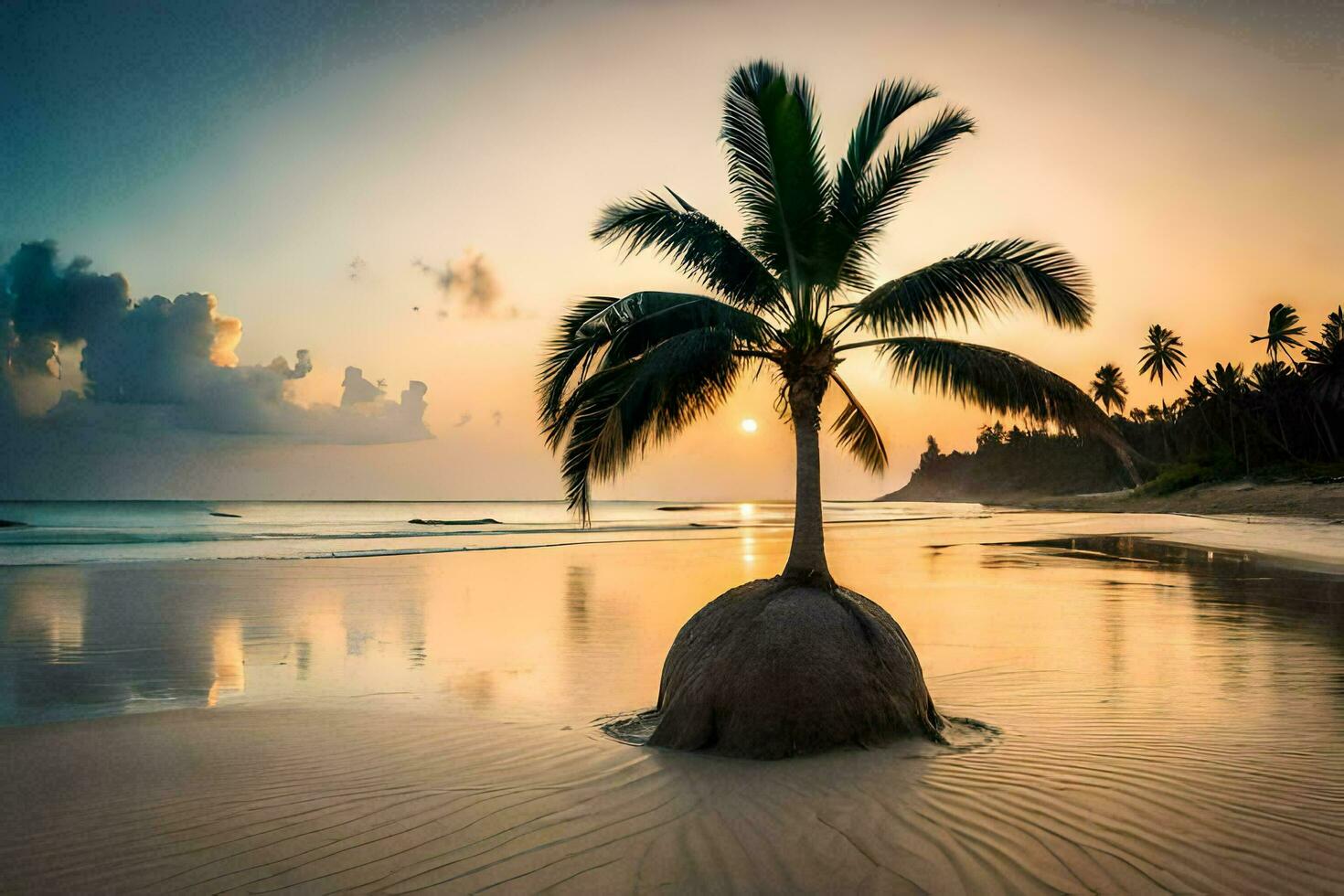 the beach wallpaper, palm tree, sunset, the beach, the beach wallpaper, wallpaper, wallpaper. AI-Generated photo