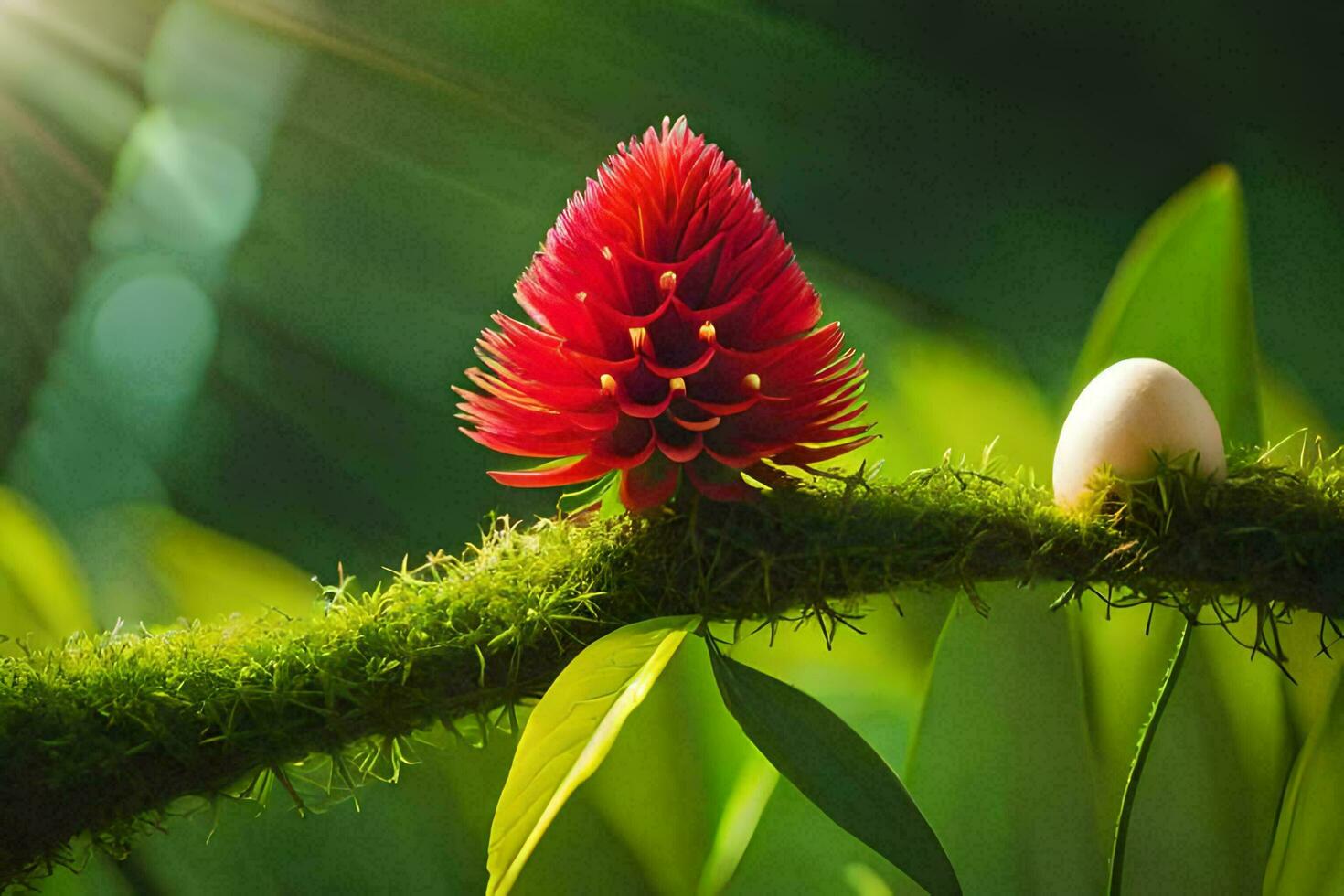 a red flower and an egg on a branch. AI-Generated photo