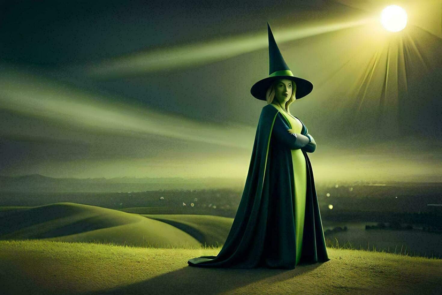 a woman in a green cloak and hat stands in the middle of a field. AI-Generated photo