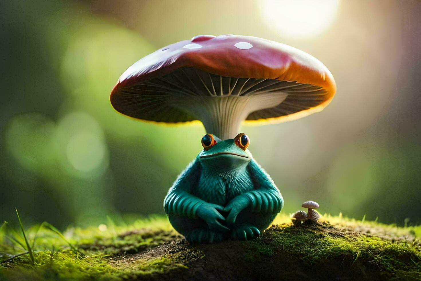 a frog sits under a mushroom with a sun in the background. AI-Generated photo