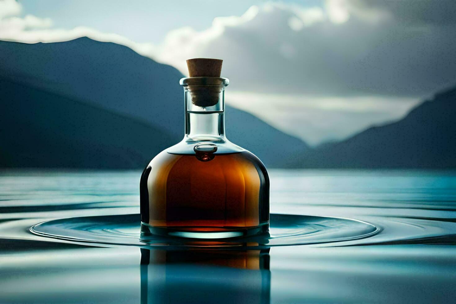 a bottle of whisky in the middle of a lake. AI-Generated photo