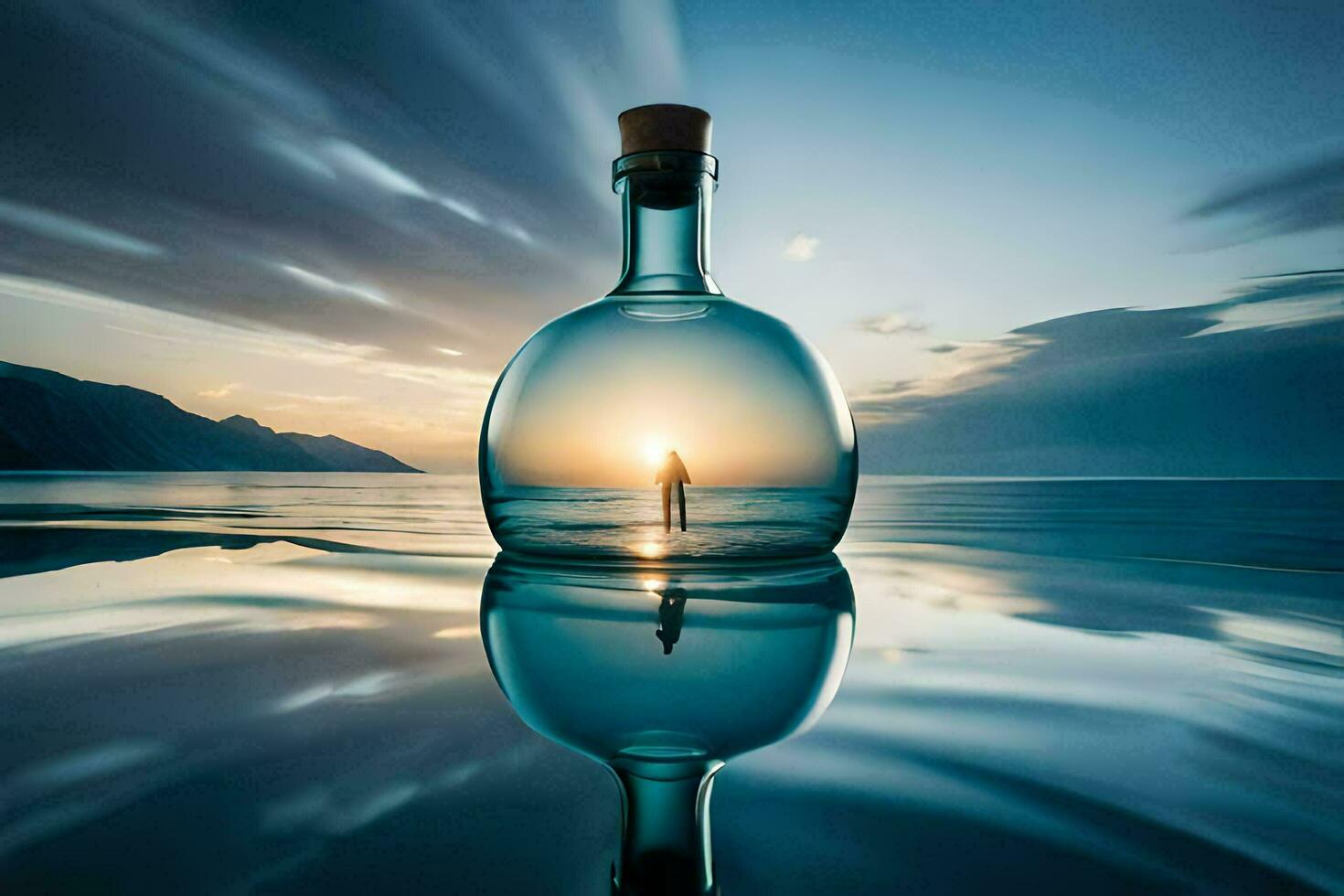 a man is standing in a bottle with the sun setting behind him. AI-Generated photo
