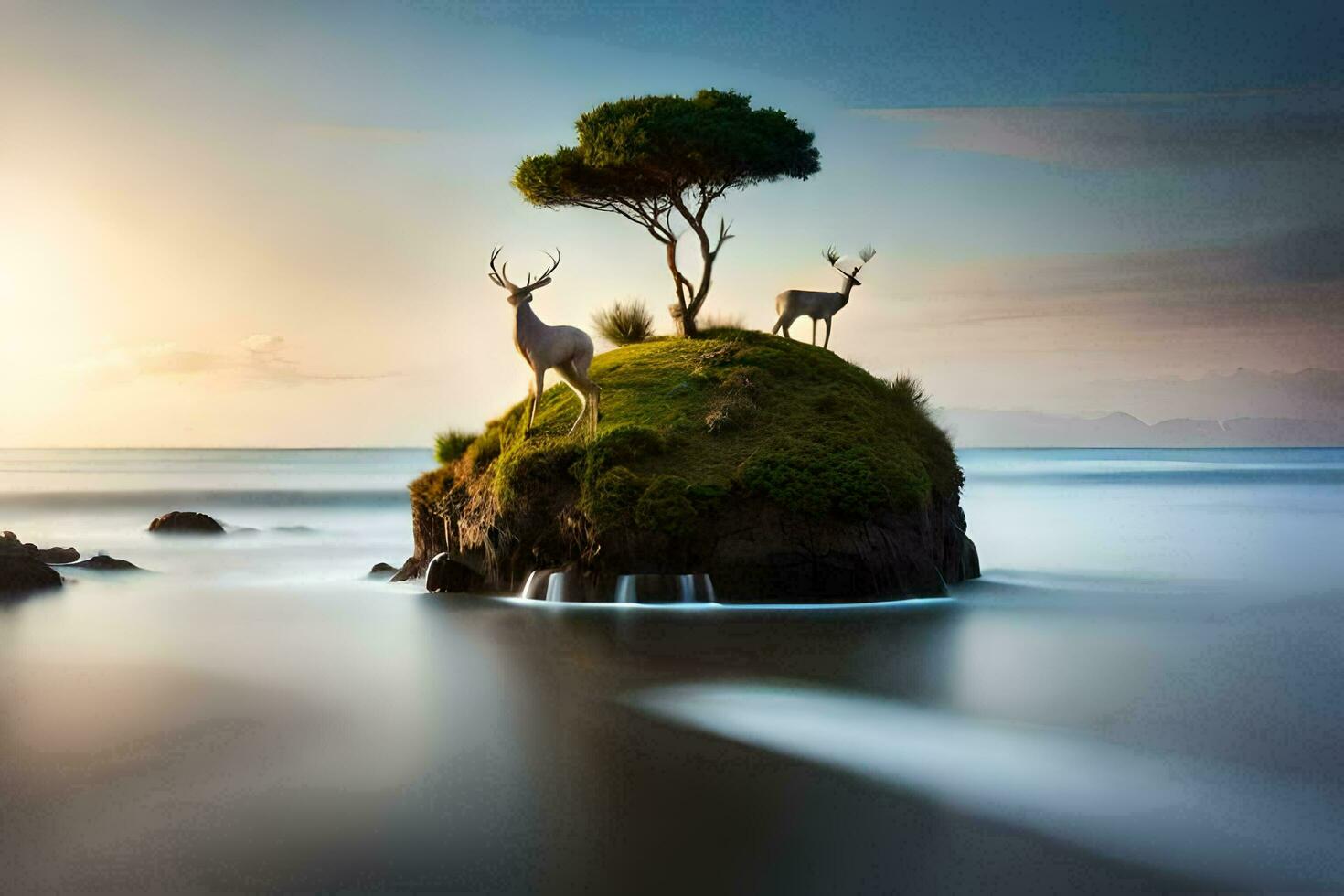 deer on a rock in the ocean. AI-Generated photo