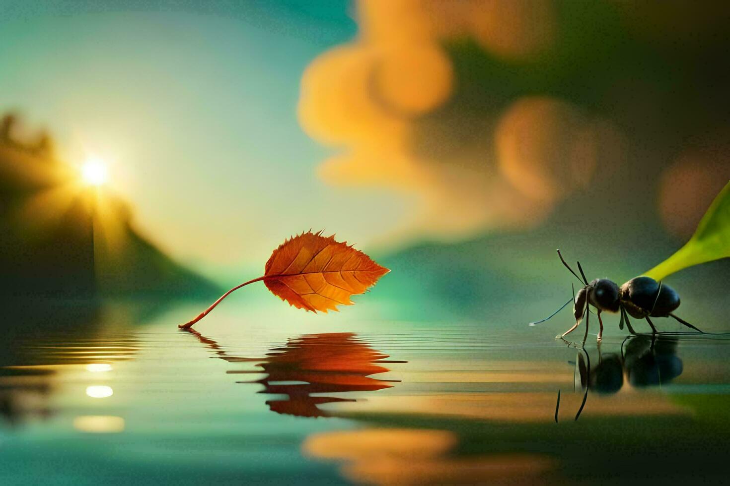 ant and leaf on the water, water, nature, nature, nature hd wallpaper. AI-Generated photo