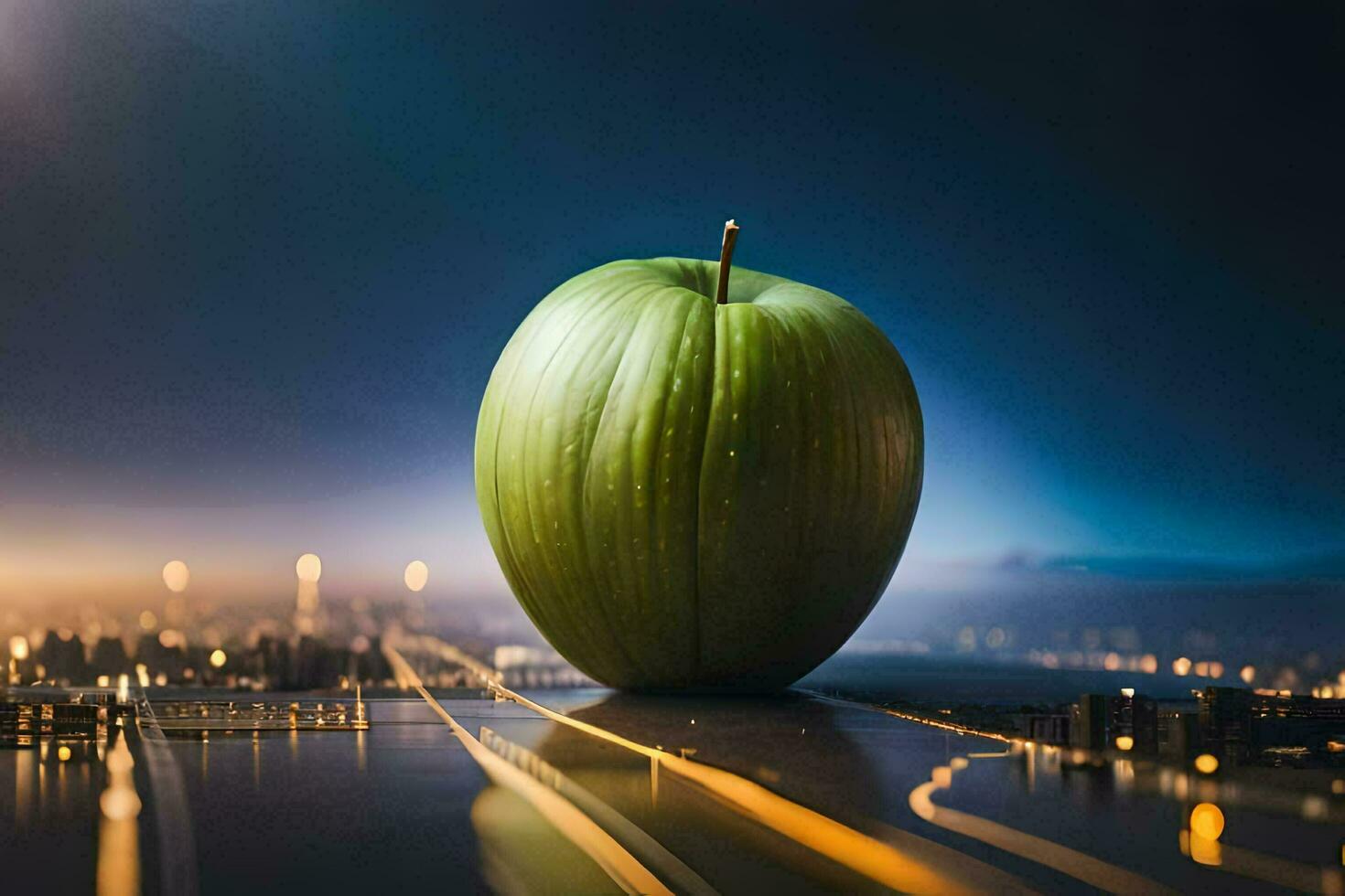 green apple on a city street. AI-Generated photo