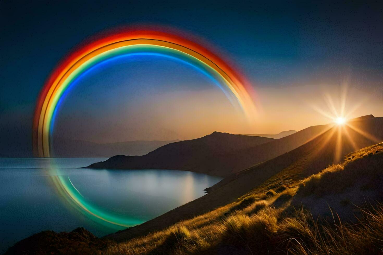 a rainbow is shining over a lake and mountains. AI-Generated photo