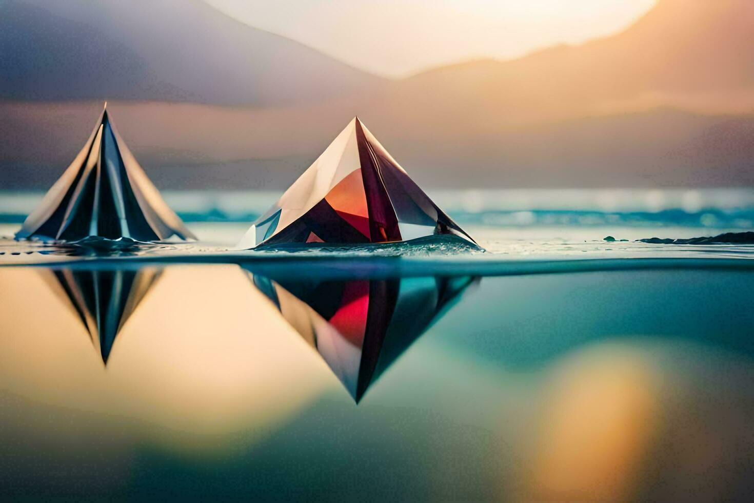 three triangular shaped objects in the water. AI-Generated photo