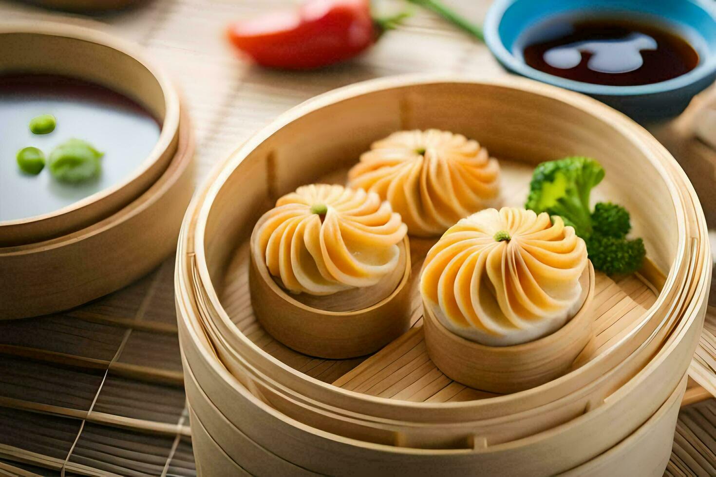 dumplings in bamboo containers with dipping sauce. AI-Generated photo