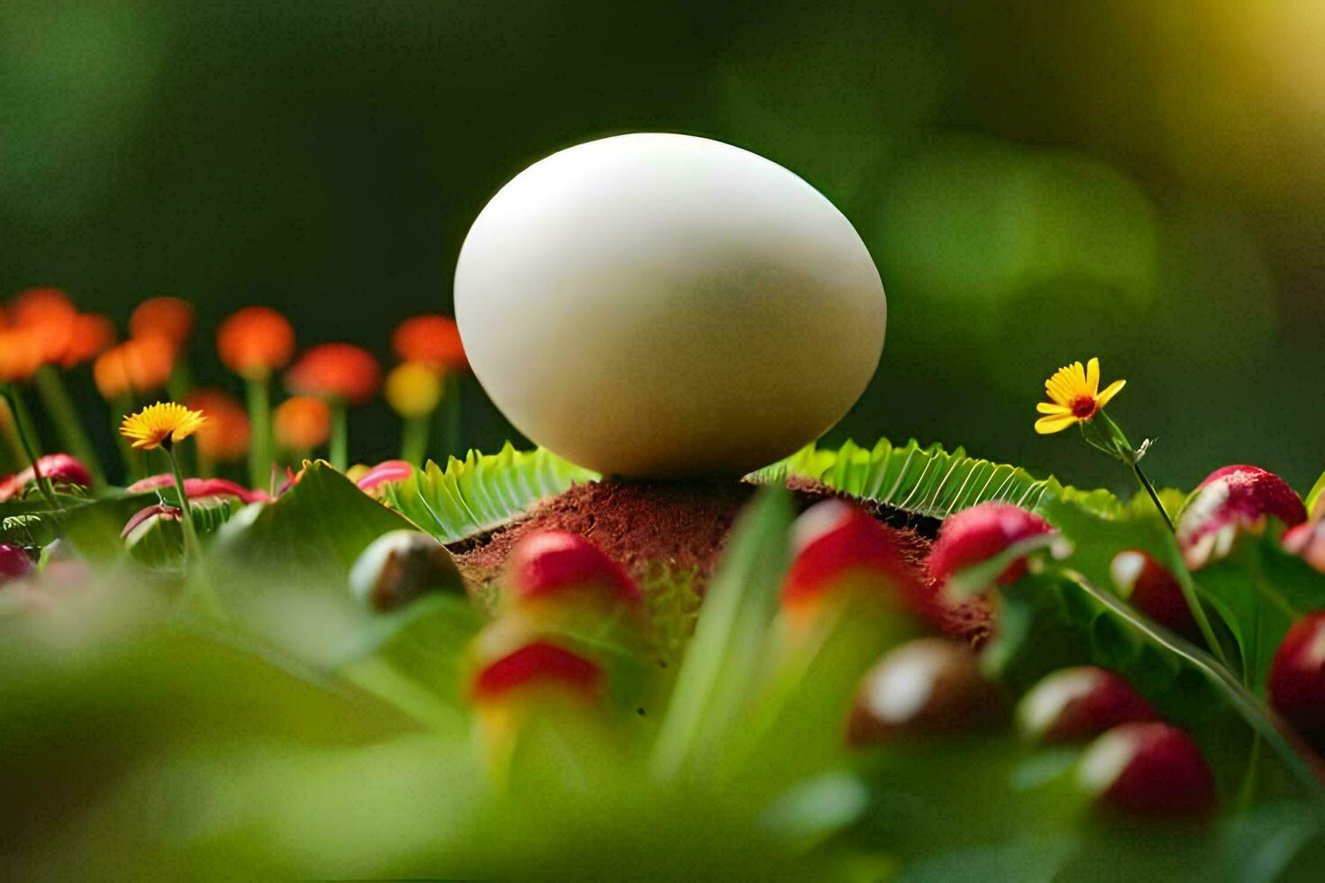 an egg sitting on top of a bunch of flowers. AI-Generated photo