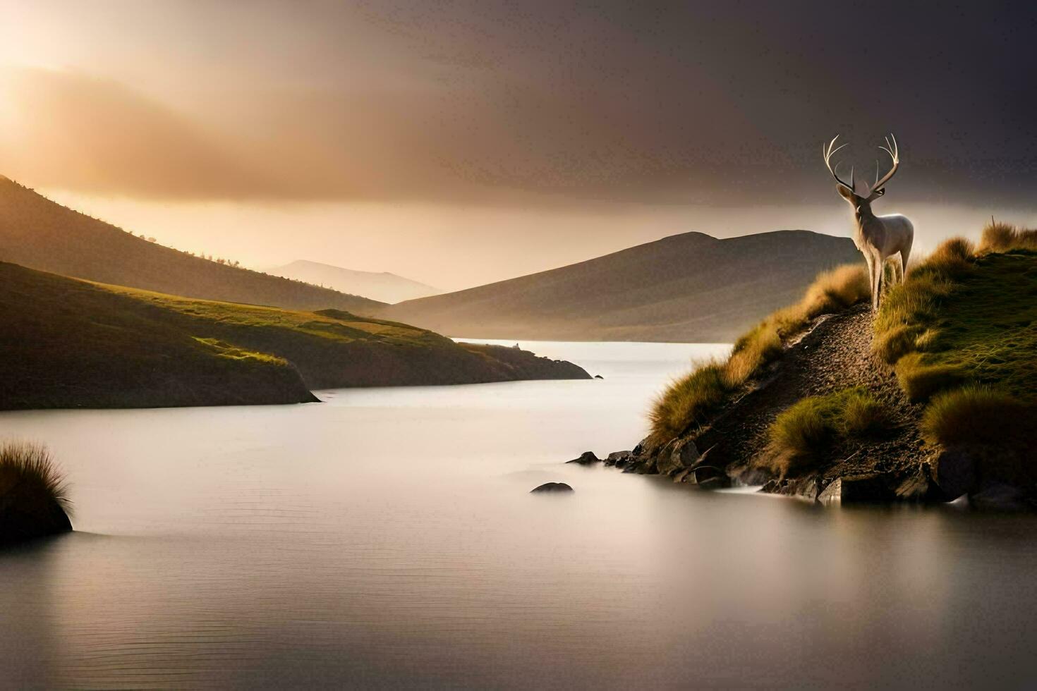 a deer stands on a hill overlooking a lake. AI-Generated photo