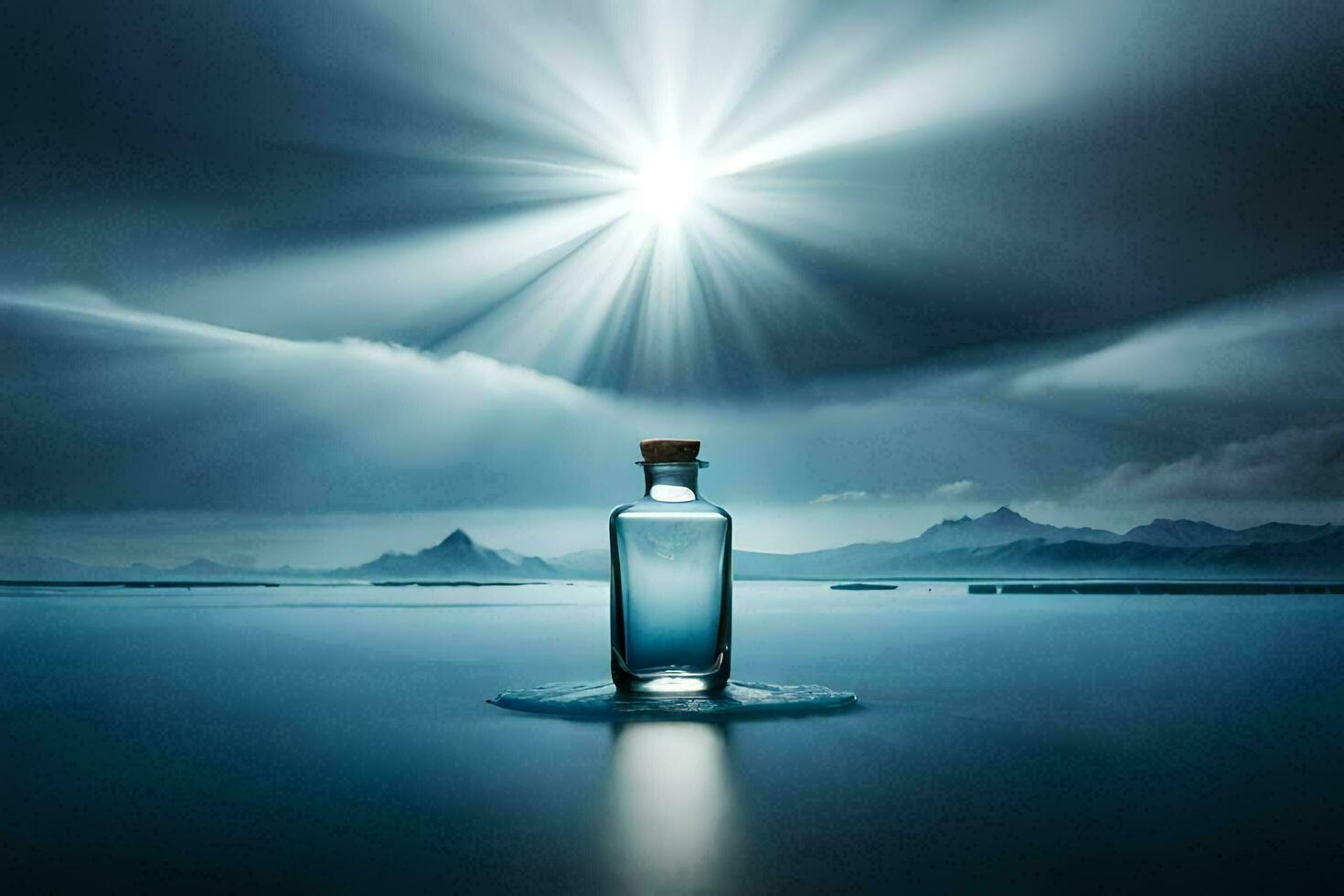 a bottle of water in the middle of a lake with a sun shining. AI-Generated photo