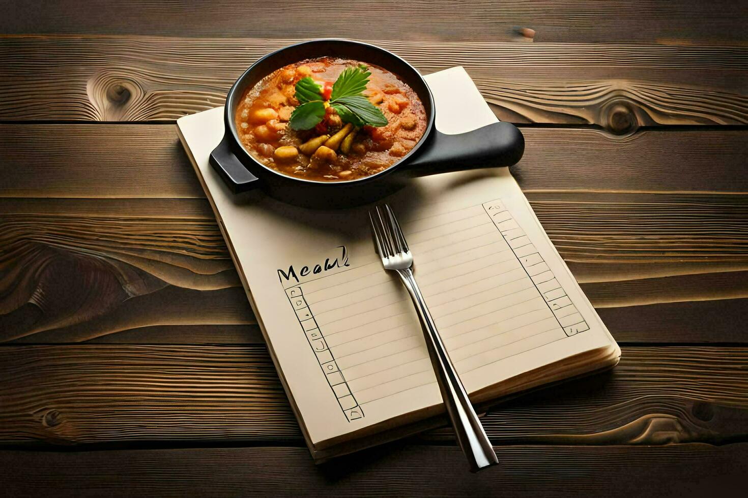 a bowl of stew and a fork on a notepad. AI-Generated photo