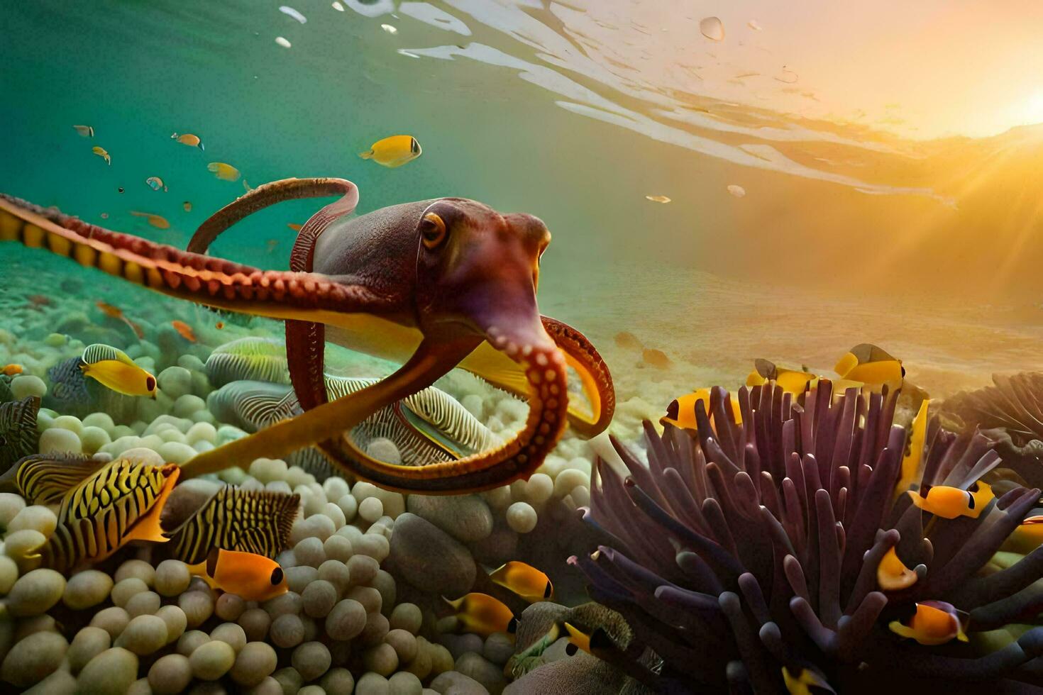 an octopus swims over a coral reef with fish. AI-Generated photo