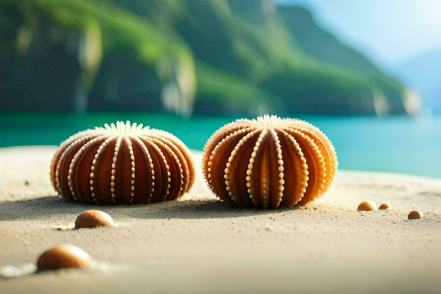 two sea urchins on the beach with mountains in the background. AI-Generated photo