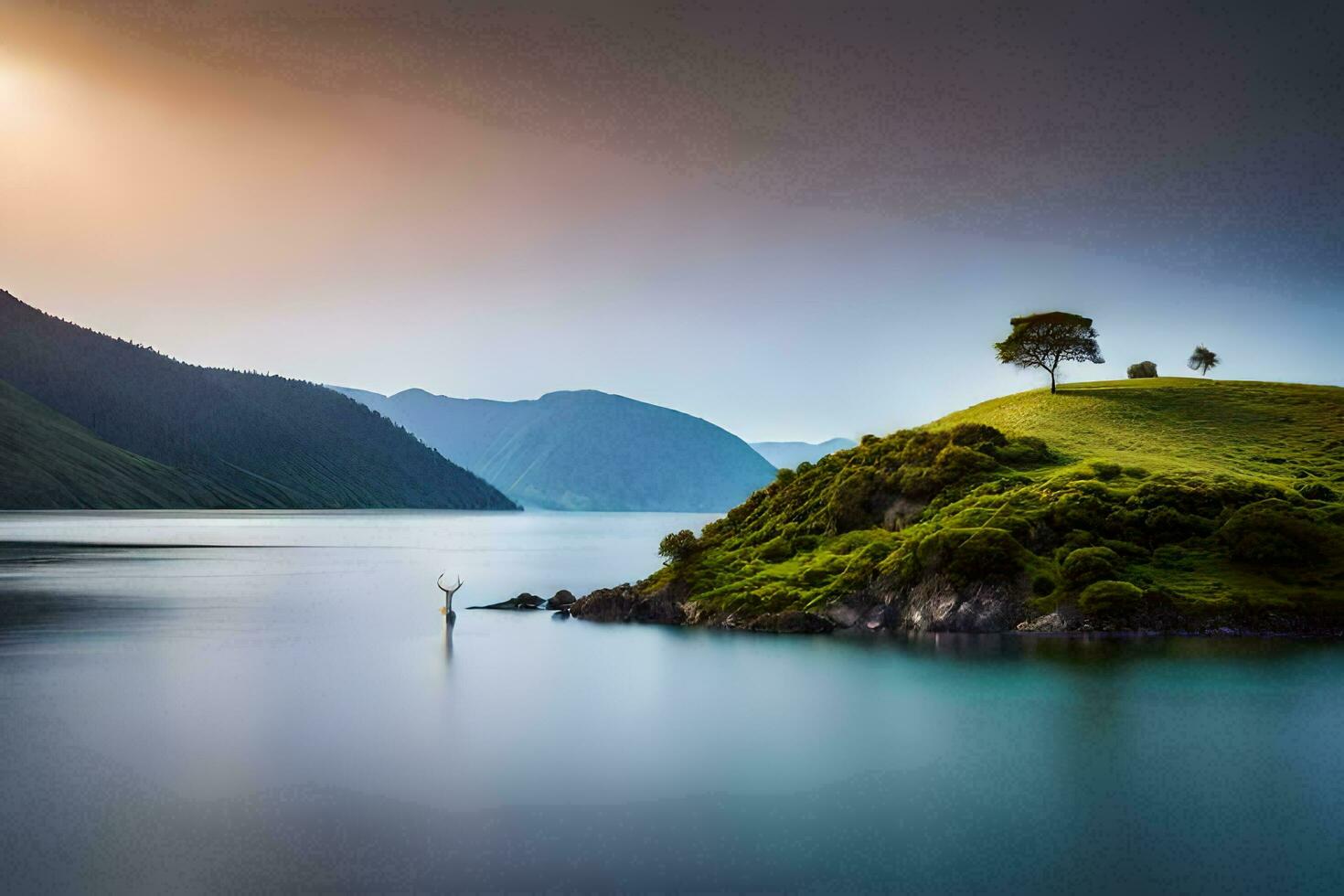 a lone tree on an island in the middle of a lake. AI-Generated photo