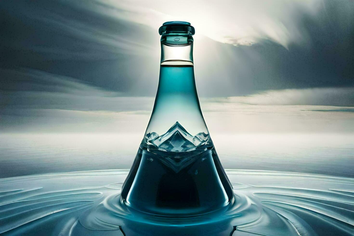 a bottle of blue liquid sitting on top of water. AI-Generated photo