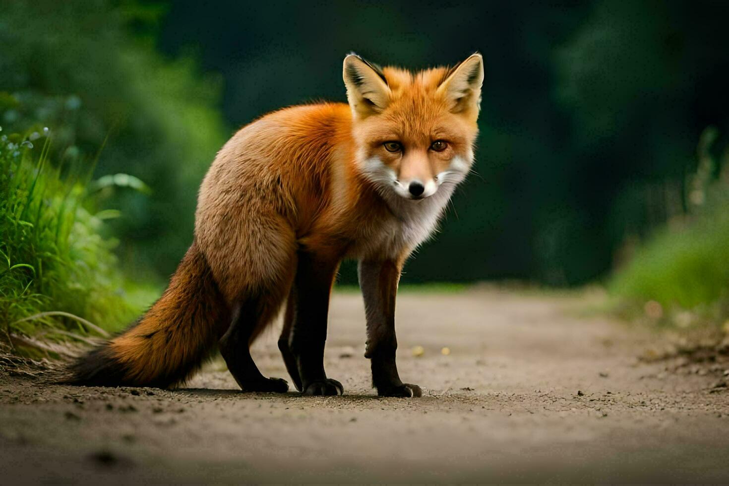 a red fox stands on a dirt road. AI-Generated photo