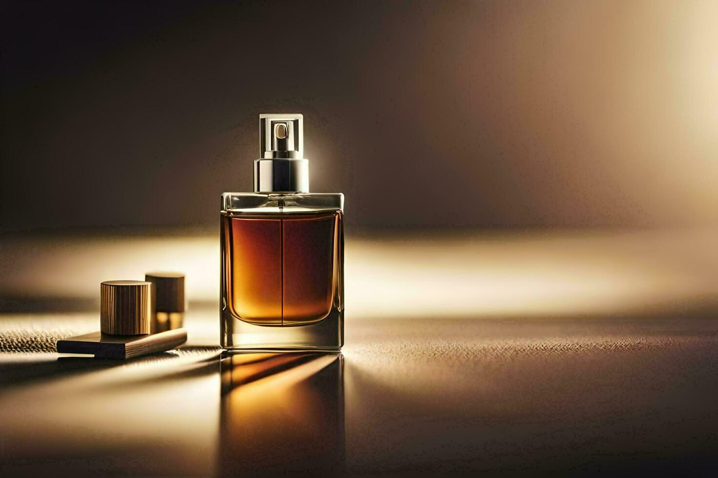 a bottle of perfume sitting on a table. AI-Generated photo